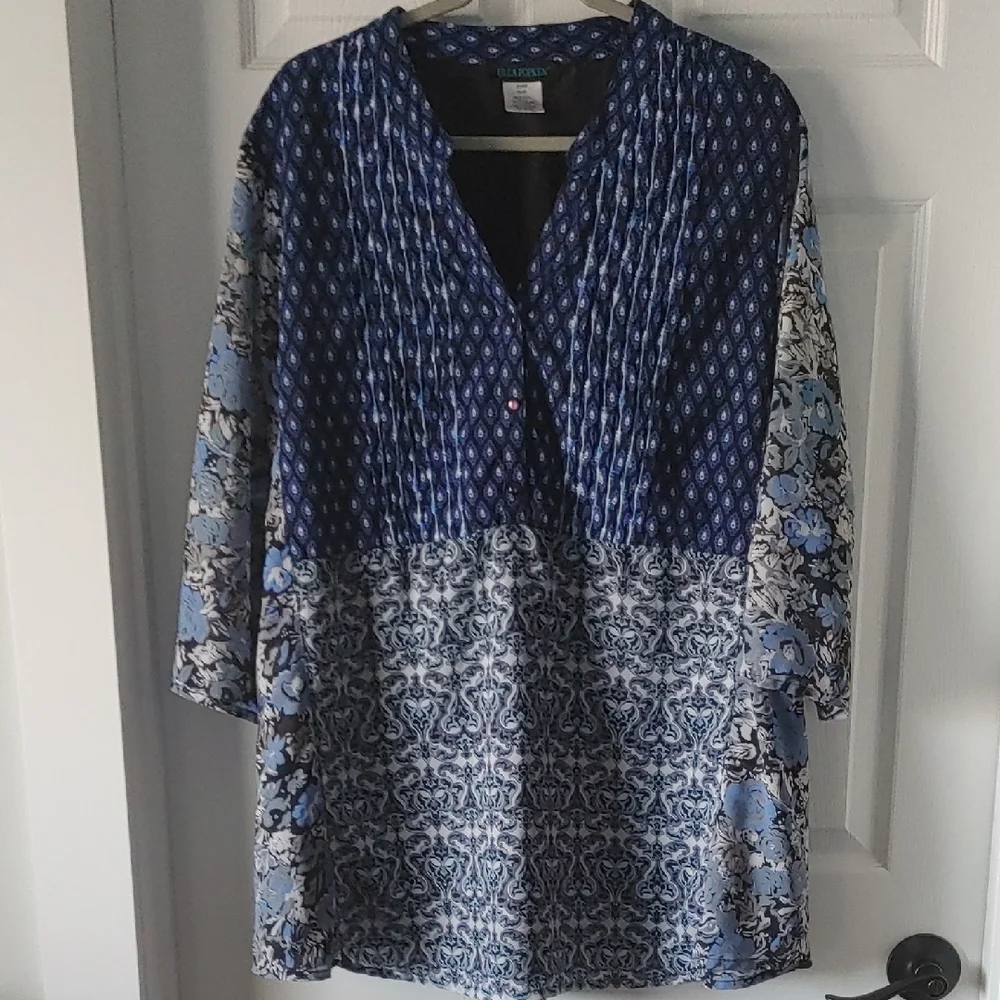 Ulla Popken Bohemian V-Neck Blouse Plus Sz 24/26 Peasant Baby doll Style EUC